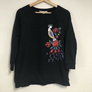 LOFT Black Sweatshirt Womens Size Medium Beaded Bird Tassel Details